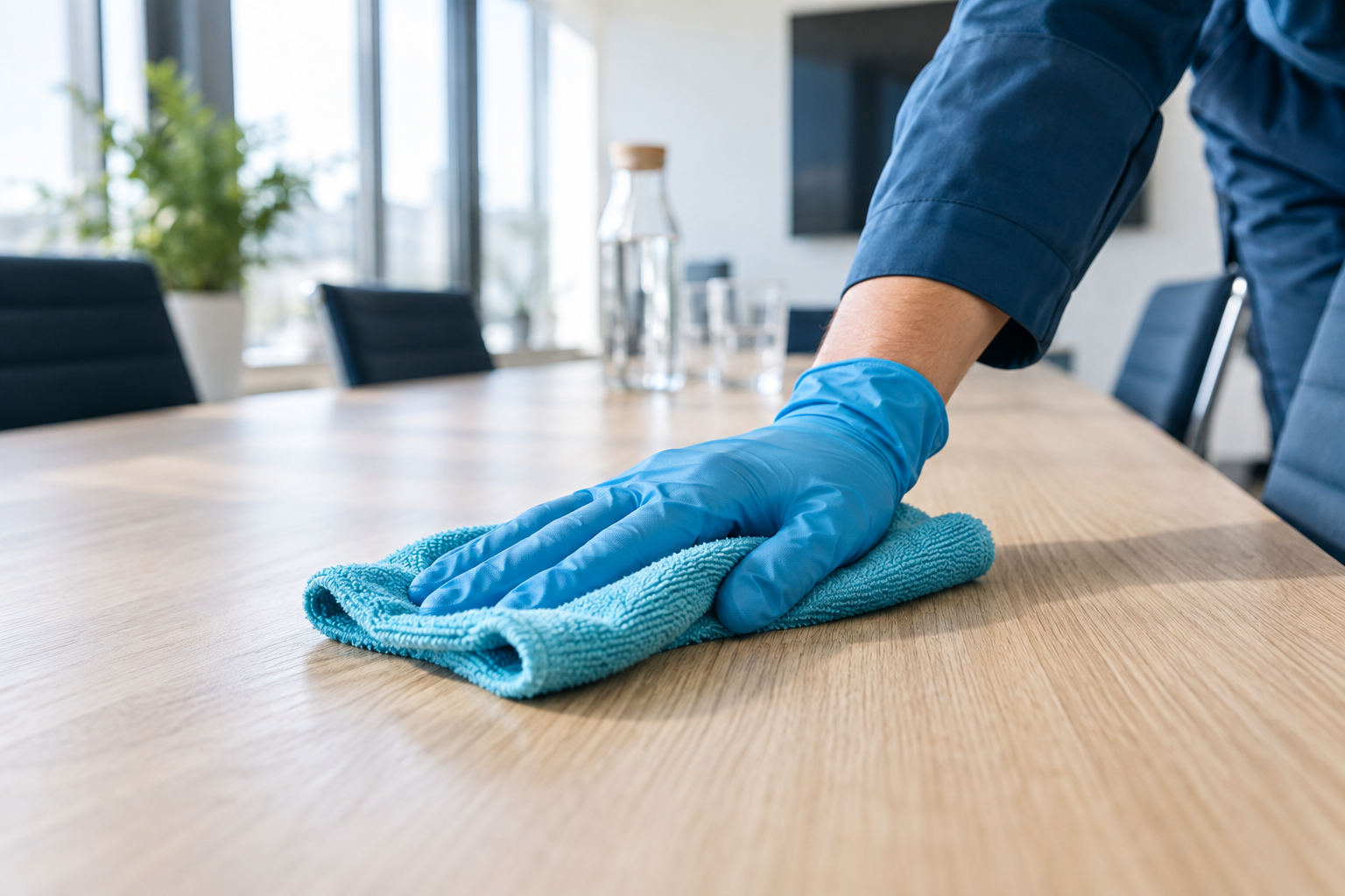 AI-gegenereerde illustratieve foto van een hand die een vergadertafel schoonmaakt met een microvezeldoek.